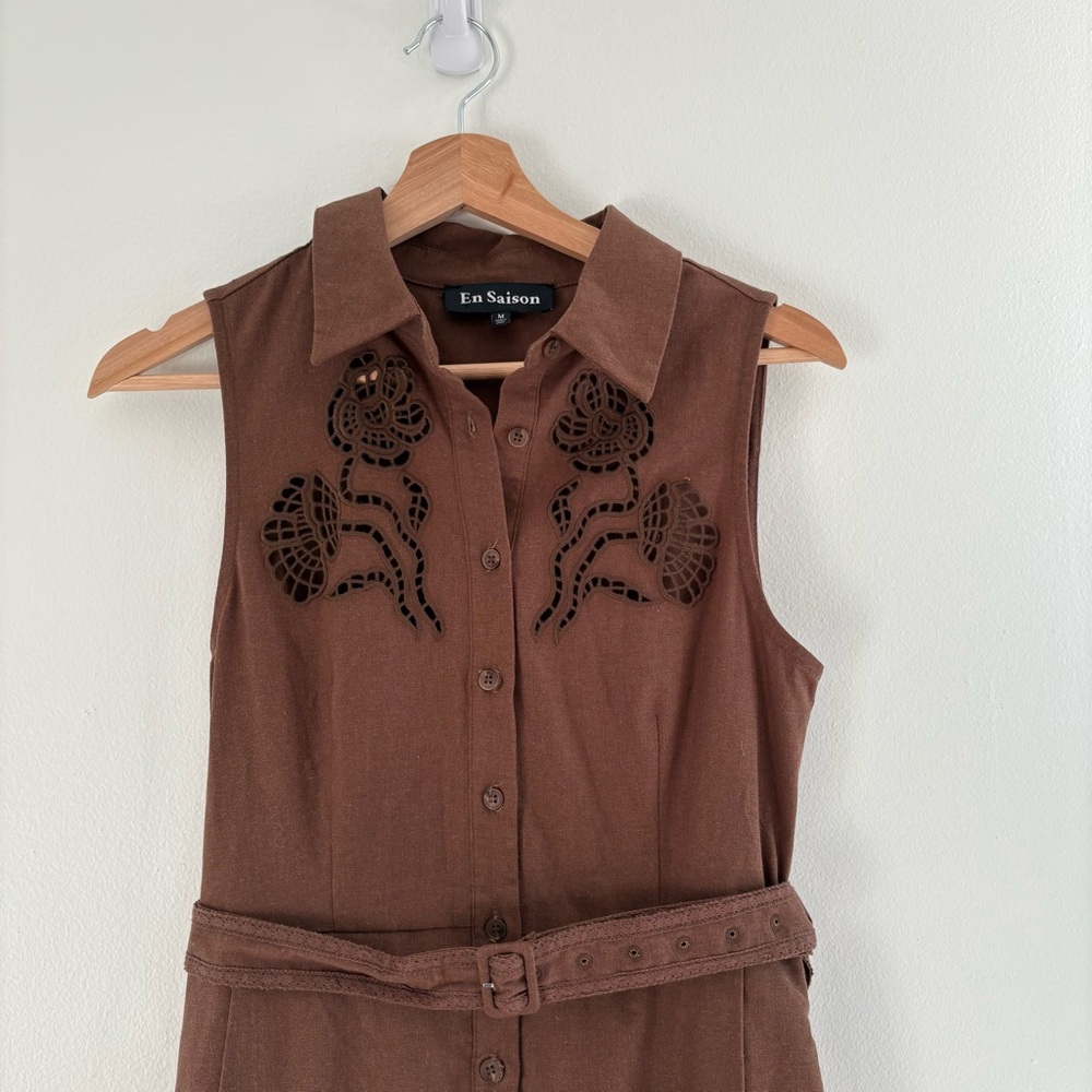 Tuckernuck || En Saison Megumi‎ Linen Blend Midi Shirt Dress Belted Brown M - Picture 3 of 10